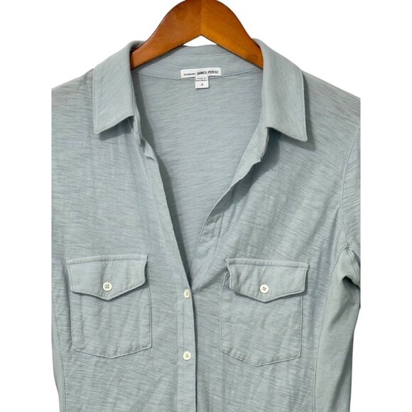 James Perse Contrast Panel Shirt Top Roll Tab 3/4 Sleeve Blue Gray Size 4 / XL - Picture 2 of 7